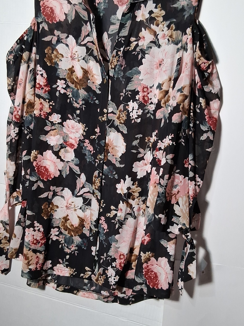 Cold-Shoulder Floral Blouse - Black with Pink and Cream Flowers